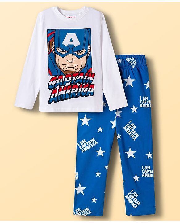 Pine Kids Marvel Single Jersey Knit Full Sleeves T-Shirt & Pajama Night Suit With Captain America Print - White & Navy Blue