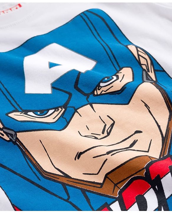 Pine Kids Marvel Single Jersey Knit Full Sleeves T-Shirt & Pajama Night Suit With Captain America Print - White & Navy Blue