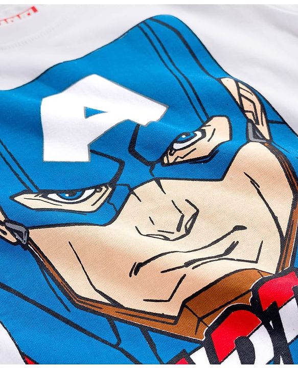 Pine Kids Marvel Single Jersey Knit Full Sleeves T-Shirt & Pajama Night Suit With Captain America Print - White & Navy Blue