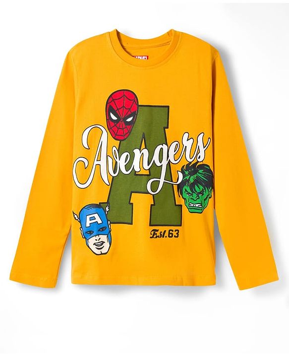 Pine Kids Marvel Single Jersey Knit Full Sleeves T-Shirt & Pajama Night Suit With Avengers Print - Yellow & Olive Green