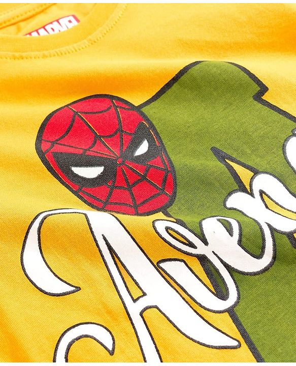 Pine Kids Marvel Single Jersey Knit Full Sleeves T-Shirt & Pajama Night Suit With Avengers Print - Yellow & Olive Green
