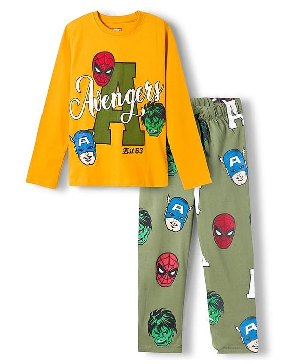 Pine Kids Marvel Single Jersey Knit Full Sleeves T-Shirt & Pajama Night Suit With Avengers Print - Yellow & Olive Green