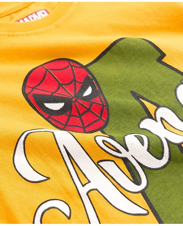 Pine Kids Marvel Single Jersey Knit Full Sleeves T-Shirt & Pajama Night Suit With Avengers Print - Yellow & Olive Green