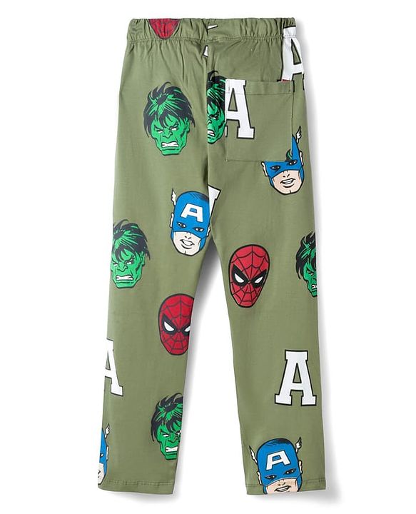 Pine Kids Marvel Single Jersey Knit Full Sleeves T-Shirt & Pajama Night Suit With Avengers Print - Yellow & Olive Green