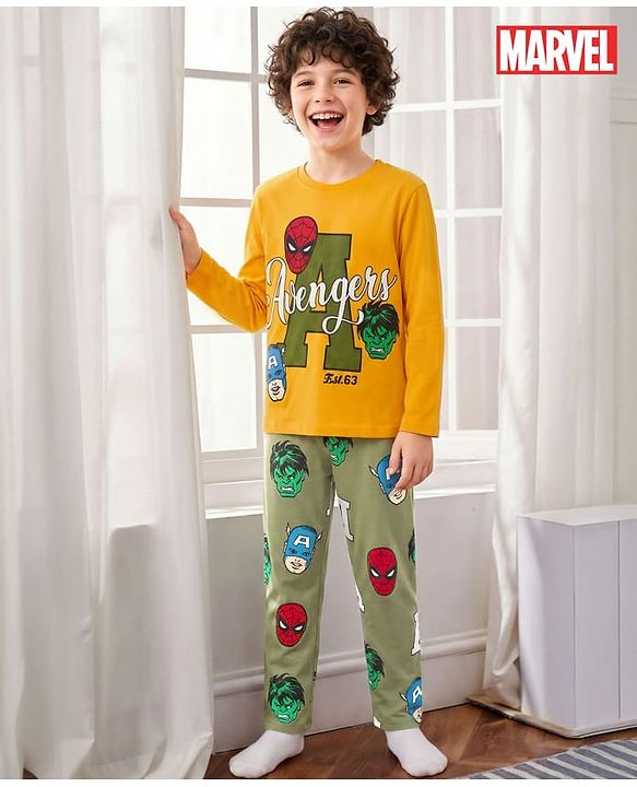 Pine Kids Marvel Single Jersey Knit Full Sleeves T-Shirt & Pajama Night Suit With Avengers Print - Yellow & Olive Green
