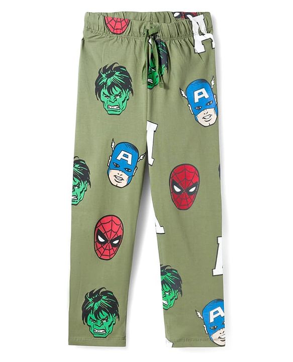 Pine Kids Marvel Single Jersey Knit Full Sleeves T-Shirt & Pajama Night Suit With Avengers Print - Yellow & Olive Green