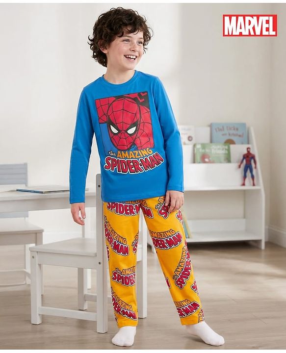 Pine Kids Marvel Single Jersey Knit Full Sleeves T-Shirt & Pajama Night Suit With Spiderman Print -  Blue