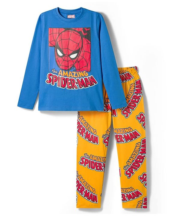 Pine Kids Marvel Single Jersey Knit Full Sleeves T-Shirt & Pajama Night Suit With Spiderman Print -  Blue