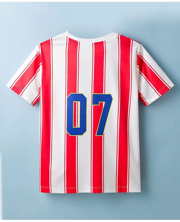 Pine Active Knit Half Sleeves Striped & Text Printed T-Shirt - Red