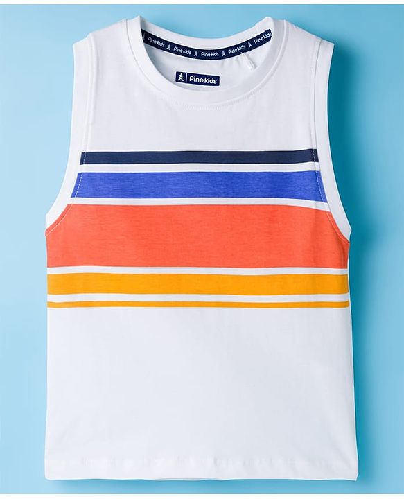 Pine Kids 100% Cotton Sleeveless  Striped Tank T-Shirt -White