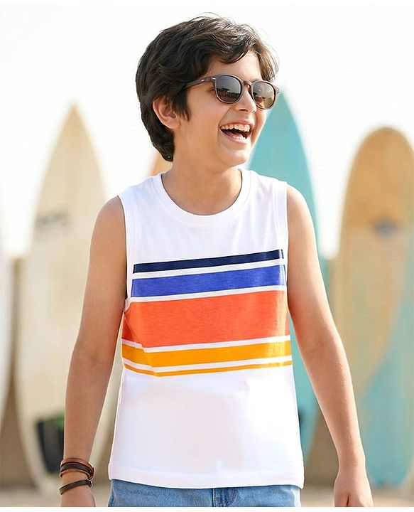 Pine Kids 100% Cotton Sleeveless  Striped Tank T-Shirt -White