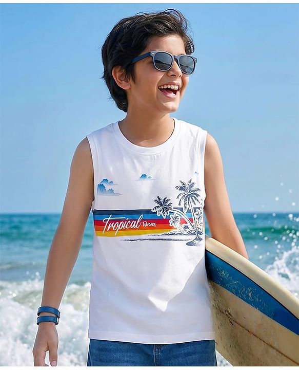Pine Kids Cotton Knit Sleeveless Tank T-Shirt with Tropical Theme Print - White