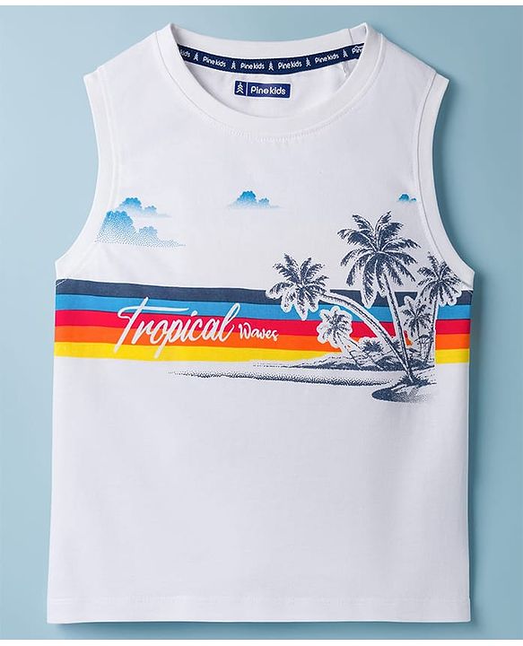Pine Kids Cotton Knit Sleeveless Tank T-Shirt with Tropical Theme Print - White