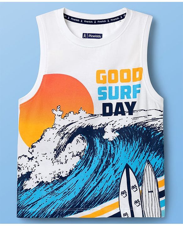 Pine Kids Cotton Knit Sleeveless Tank T-Shirt With Good Surf Day Print - White
