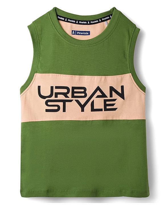 Pine Kids 100% Cotton Sleeveless  Urban Style Text Printed Tank T-Shirt- Olive Green
