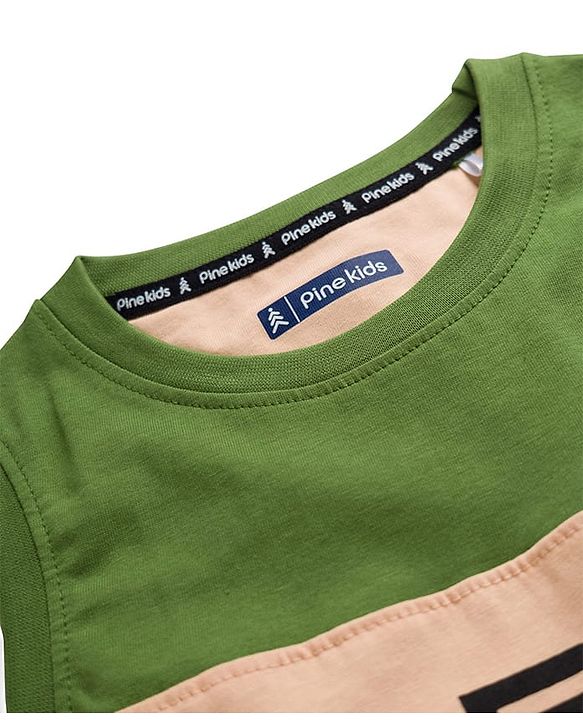 Pine Kids 100% Cotton Sleeveless  Urban Style Text Printed Tank T-Shirt- Olive Green