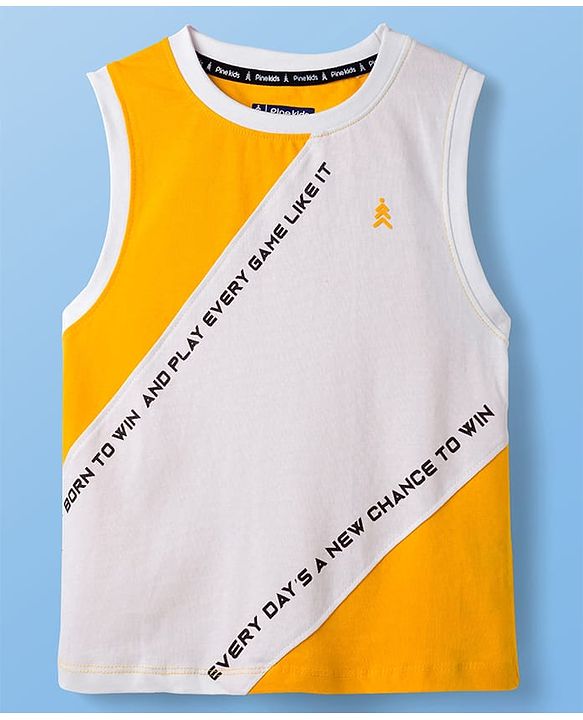 Pine Kids 100% Cotton Sleeveless  Cut N Sew Text Printed Tank T-Shirt - White & Yellow