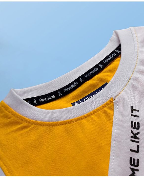 Pine Kids 100% Cotton Sleeveless  Cut N Sew Text Printed Tank T-Shirt - White & Yellow