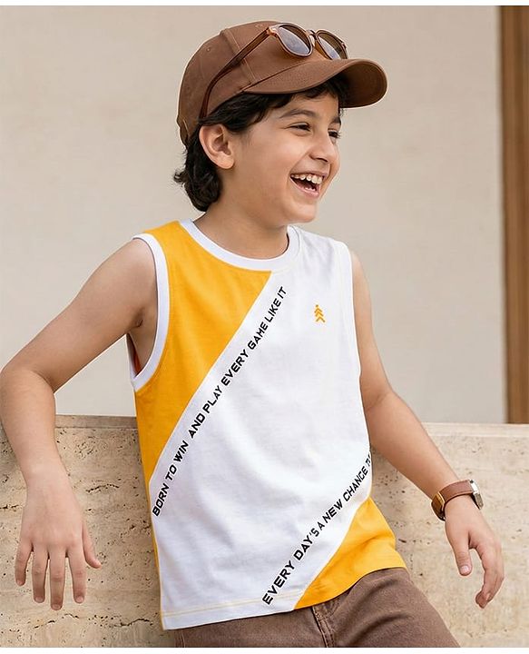 Pine Kids 100% Cotton Sleeveless  Cut N Sew Text Printed Tank T-Shirt - White & Yellow
