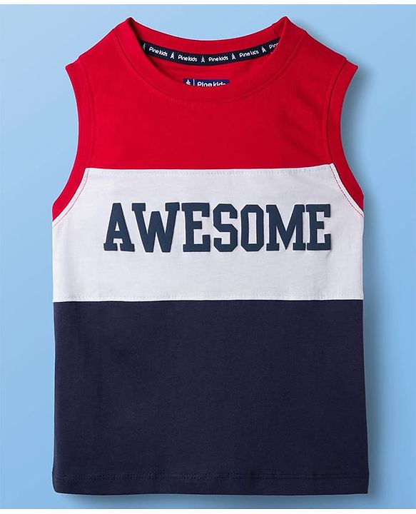 Pine Kids 100% Cotton Knit Sleeveless Awesome Text Printed Cut N Sew Tank T-Shirt -Red Navy & White