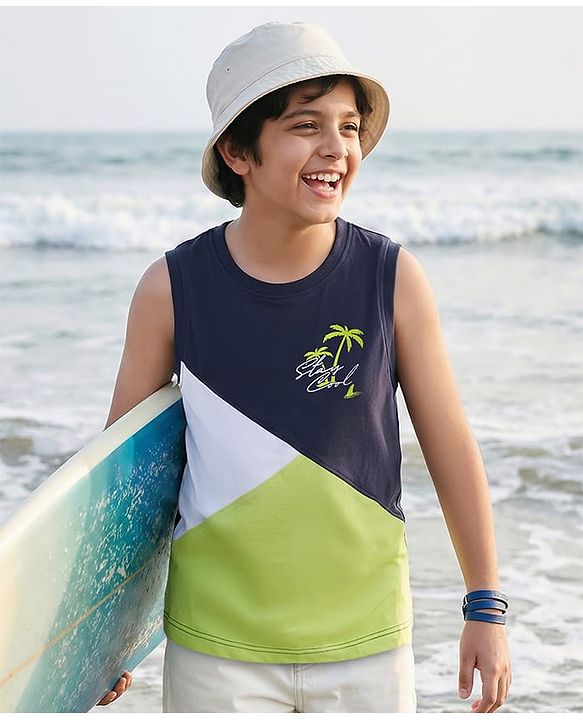 Pine Kids Cotton Knit Sleeveless Cut & Sew Tank T-Shirt with Beach Theme Print - Multicolor
