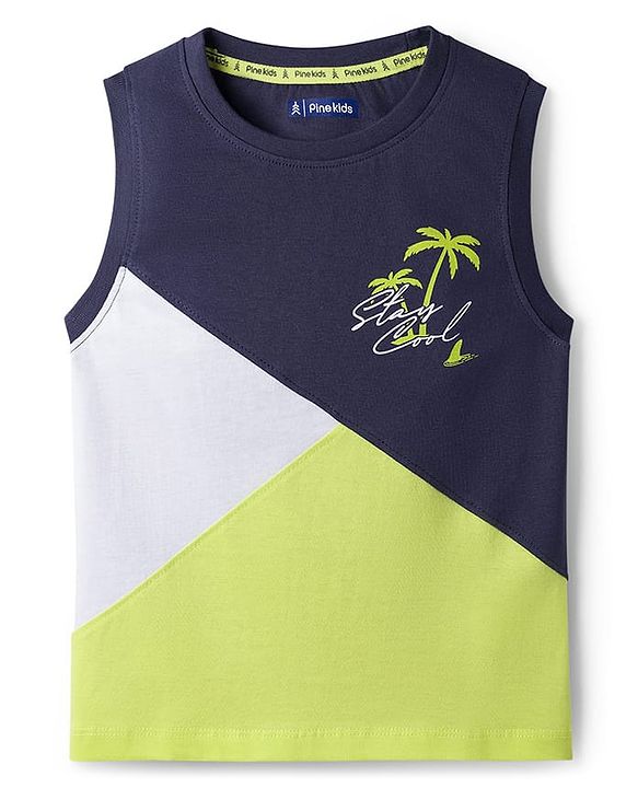 Pine Kids Cotton Knit Sleeveless Cut & Sew Tank T-Shirt with Beach Theme Print - Multicolor