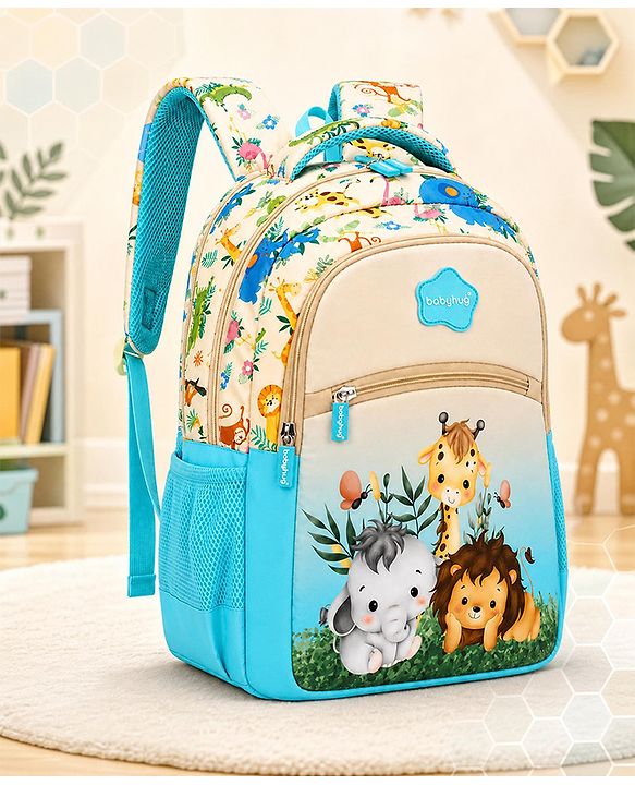 Babyhug 16 Inches Jungle Theme Backpack | 2 Main Compartments, 2 Front Pockets, 2 Side Bottle Pockets | Water Resistant | Durable Zippers | For School, Travel & Outdoors | Blue White