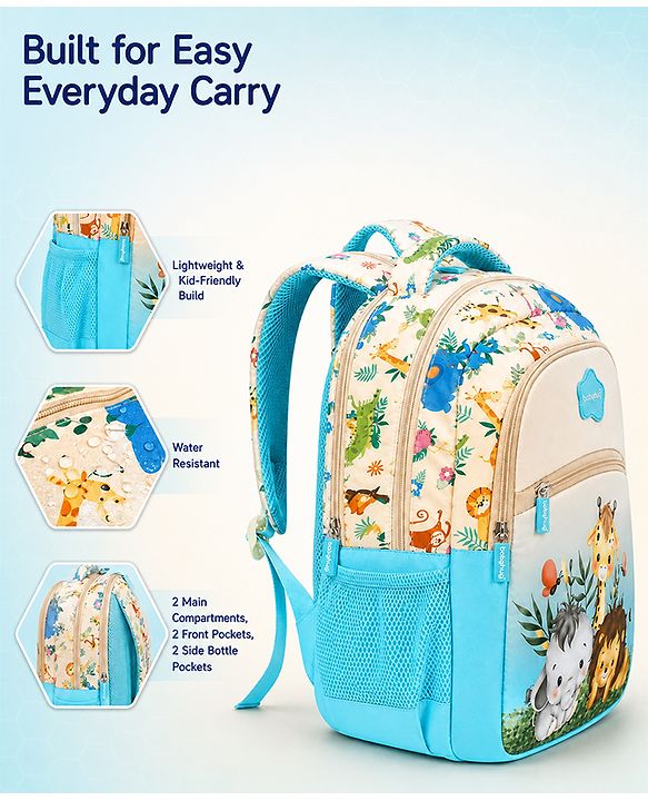 Babyhug 16 Inches Jungle Theme Backpack | 2 Main Compartments, 2 Front Pockets, 2 Side Bottle Pockets | Water Resistant | Durable Zippers | For School, Travel & Outdoors | Blue White