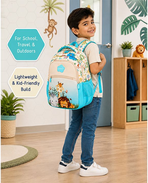 Babyhug 16 Inches Jungle Theme Backpack | 2 Main Compartments, 2 Front Pockets, 2 Side Bottle Pockets | Water Resistant | Durable Zippers | For School, Travel & Outdoors | Blue White
