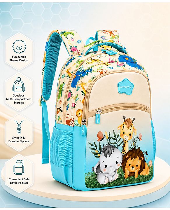 Babyhug 16 Inches Jungle Theme Backpack | 2 Main Compartments, 2 Front Pockets, 2 Side Bottle Pockets | Water Resistant | Durable Zippers | For School, Travel & Outdoors | Blue White