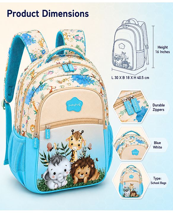 Babyhug 16 Inches Jungle Theme Backpack | 2 Main Compartments, 2 Front Pockets, 2 Side Bottle Pockets | Water Resistant | Durable Zippers | For School, Travel & Outdoors | Blue White