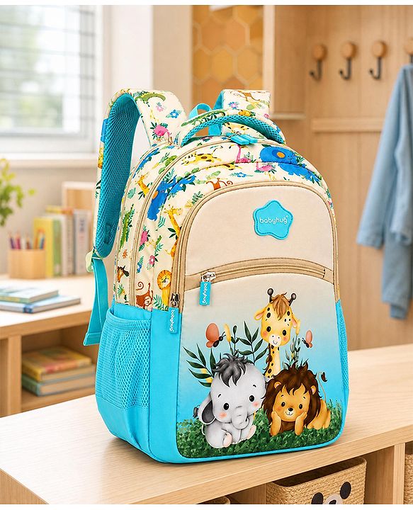 Babyhug 16 Inches Jungle Theme Backpack | 2 Main Compartments, 2 Front Pockets, 2 Side Bottle Pockets | Water Resistant | Durable Zippers | For School, Travel & Outdoors | Blue White