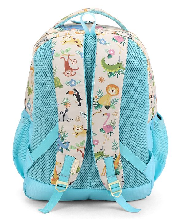 Babyhug 16 Inches Jungle Theme Backpack | 2 Main Compartments, 2 Front Pockets, 2 Side Bottle Pockets | Water Resistant | Durable Zippers | For School, Travel & Outdoors | Blue White