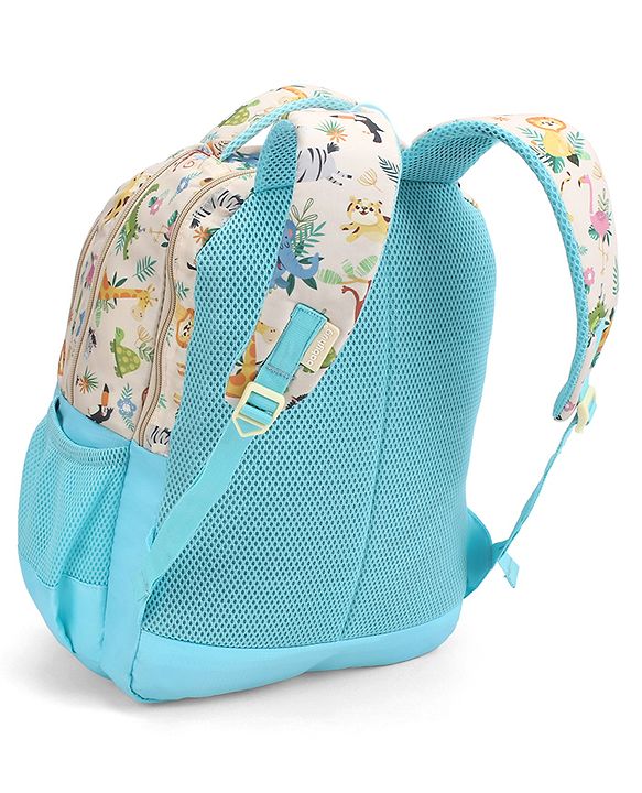 Babyhug 16 Inches Jungle Theme Backpack | 2 Main Compartments, 2 Front Pockets, 2 Side Bottle Pockets | Water Resistant | Durable Zippers | For School, Travel & Outdoors | Blue White