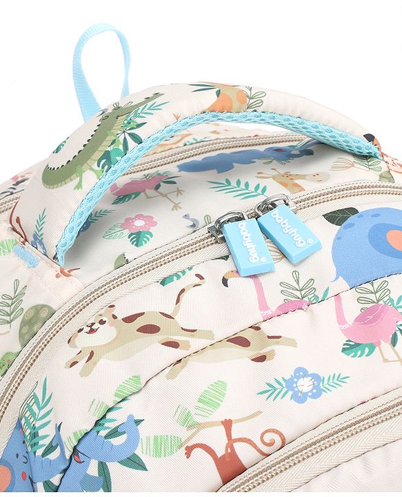 Babyhug 16 Inches Jungle Theme Backpack | 2 Main Compartments, 2 Front Pockets, 2 Side Bottle Pockets | Water Resistant | Durable Zippers | For School, Travel & Outdoors | Blue White