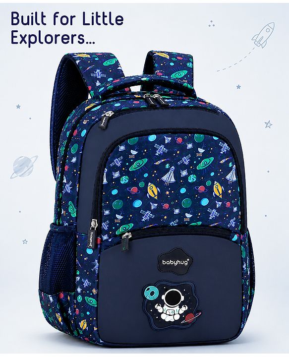 Babyhug 16 Inches Galaxy Astronaut Theme Backpack | 2 Main Compartments, 3 Front Pockets, 2 Side Bottle Pockets | Water Resistant | Durable Zippers | For School, Travel & Outdoors | Blue