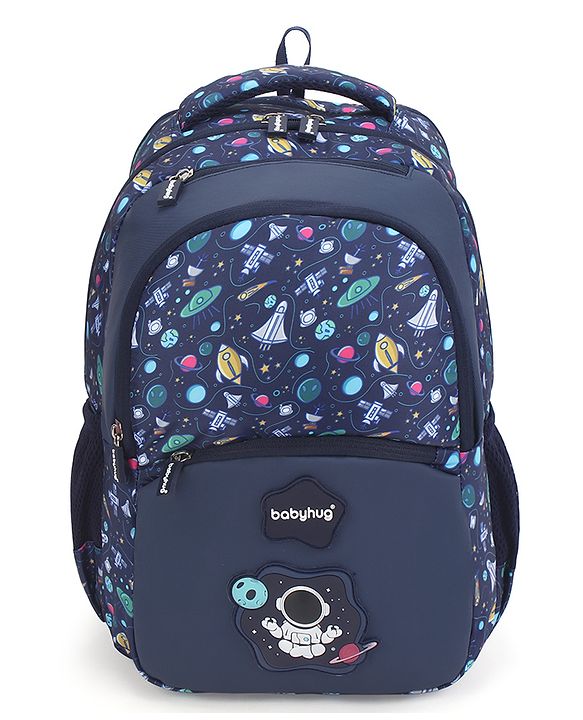 Babyhug 16 Inches Galaxy Astronaut Theme Backpack | 2 Main Compartments, 3 Front Pockets, 2 Side Bottle Pockets | Water Resistant | Durable Zippers | For School, Travel & Outdoors | Blue