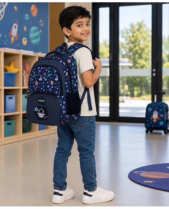 Babyhug 16 Inches Galaxy Astronaut Theme Backpack | 2 Main Compartments, 3 Front Pockets, 2 Side Bottle Pockets | Water Resistant | Durable Zippers | For School, Travel & Outdoors | Blue