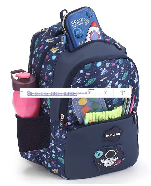 Babyhug 16 Inches Galaxy Astronaut Theme Backpack | 2 Main Compartments, 3 Front Pockets, 2 Side Bottle Pockets | Water Resistant | Durable Zippers | For School, Travel & Outdoors | Blue