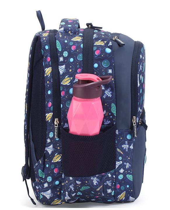 Babyhug 16 Inches Galaxy Astronaut Theme Backpack | 2 Main Compartments, 3 Front Pockets, 2 Side Bottle Pockets | Water Resistant | Durable Zippers | For School, Travel & Outdoors | Blue