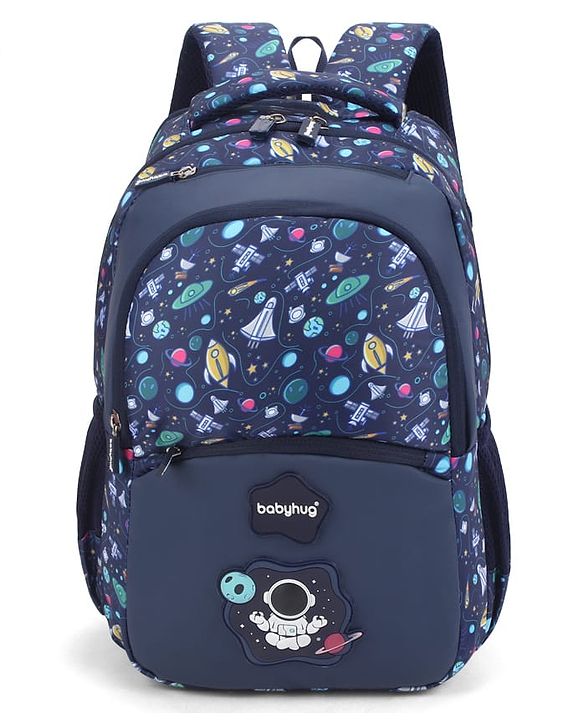 Babyhug 16 Inches Galaxy Astronaut Theme Backpack | 2 Main Compartments, 3 Front Pockets, 2 Side Bottle Pockets | Water Resistant | Durable Zippers | For School, Travel & Outdoors | Blue