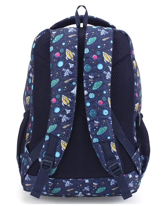 Babyhug 16 Inches Galaxy Astronaut Theme Backpack | 2 Main Compartments, 3 Front Pockets, 2 Side Bottle Pockets | Water Resistant | Durable Zippers | For School, Travel & Outdoors | Blue