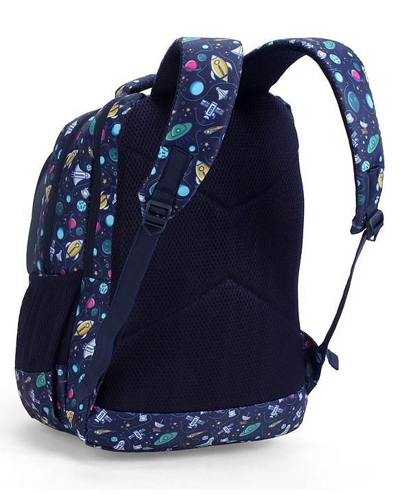 Babyhug 16 Inches Galaxy Astronaut Theme Backpack | 2 Main Compartments, 3 Front Pockets, 2 Side Bottle Pockets | Water Resistant | Durable Zippers | For School, Travel & Outdoors | Blue