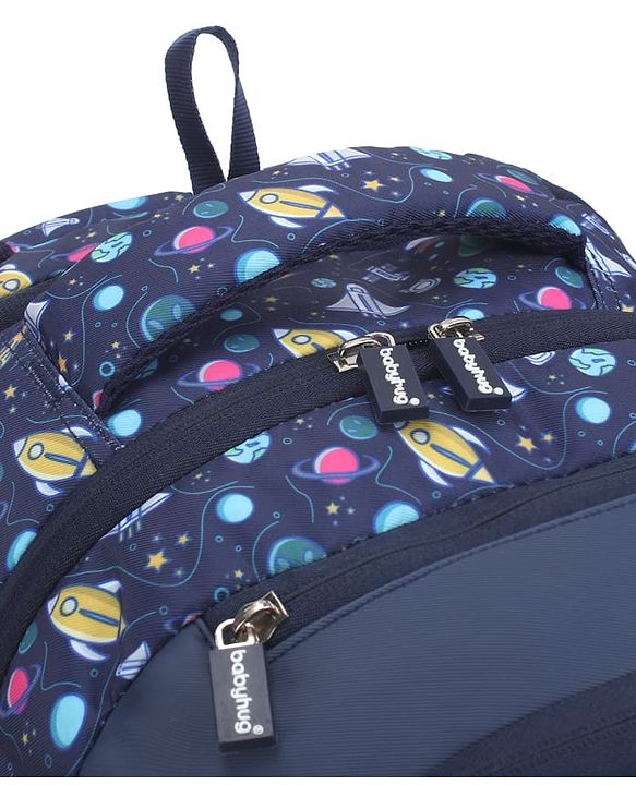 Babyhug 16 Inches Galaxy Astronaut Theme Backpack | 2 Main Compartments, 3 Front Pockets, 2 Side Bottle Pockets | Water Resistant | Durable Zippers | For School, Travel & Outdoors | Blue