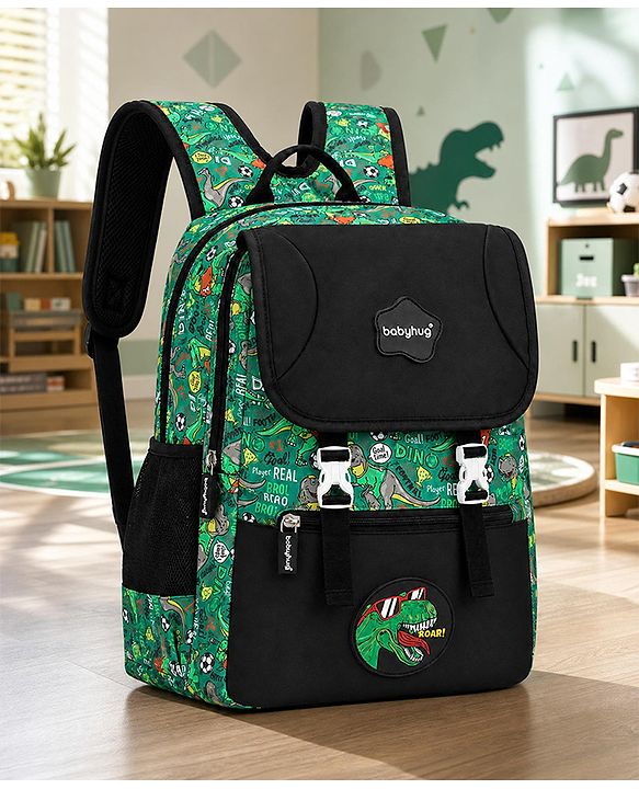 Babyhug 16 Inches Dino Theme Snappy Backpack | 2 Main Compartments, 2 Front Pockets, 2 Side Bottle Pockets | Water Resistant | Durable Zippers | For School, Travel & Outdoors | Green Black