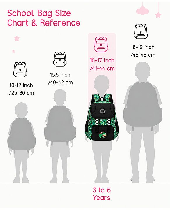 Babyhug 16 Inches Dino Theme Snappy Backpack | 2 Main Compartments, 2 Front Pockets, 2 Side Bottle Pockets | Water Resistant | Durable Zippers | For School, Travel & Outdoors | Green Black