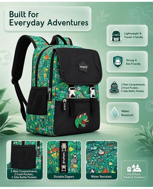Babyhug 16 Inches Dino Theme Snappy Backpack | 2 Main Compartments, 2 Front Pockets, 2 Side Bottle Pockets | Water Resistant | Durable Zippers | For School, Travel & Outdoors | Green Black
