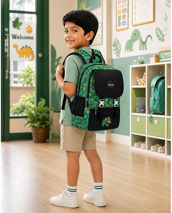 Babyhug 16 Inches Dino Theme Snappy Backpack | 2 Main Compartments, 2 Front Pockets, 2 Side Bottle Pockets | Water Resistant | Durable Zippers | For School, Travel & Outdoors | Green Black