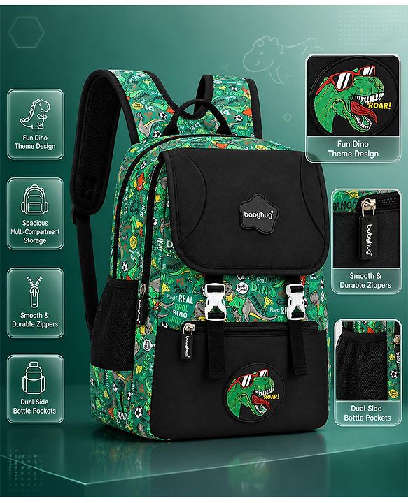 Babyhug 16 Inches Dino Theme Snappy Backpack | 2 Main Compartments, 2 Front Pockets, 2 Side Bottle Pockets | Water Resistant | Durable Zippers | For School, Travel & Outdoors | Green Black