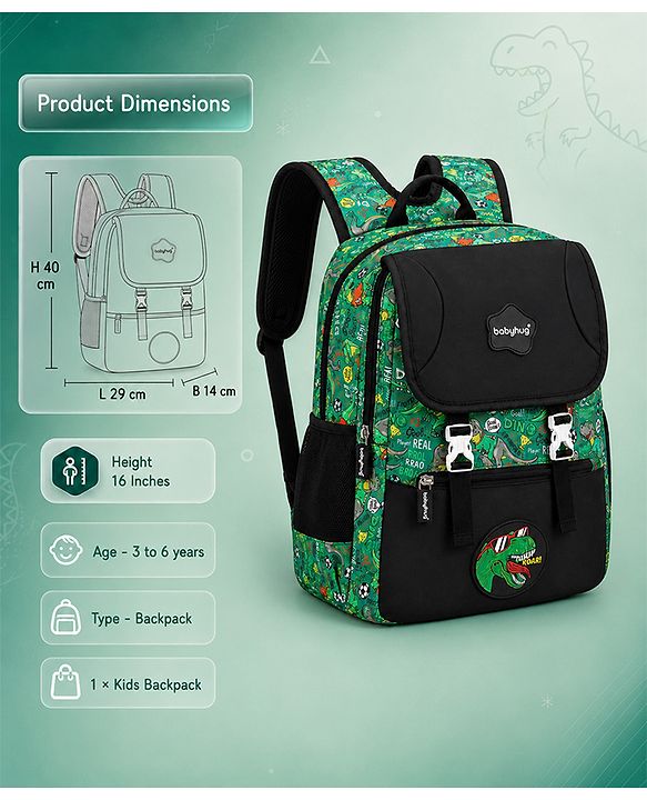 Babyhug 16 Inches Dino Theme Snappy Backpack | 2 Main Compartments, 2 Front Pockets, 2 Side Bottle Pockets | Water Resistant | Durable Zippers | For School, Travel & Outdoors | Green Black